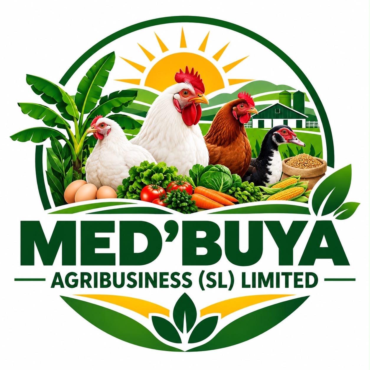 Med’Buya Agribusiness farm logo with poultry and fresh vegetables